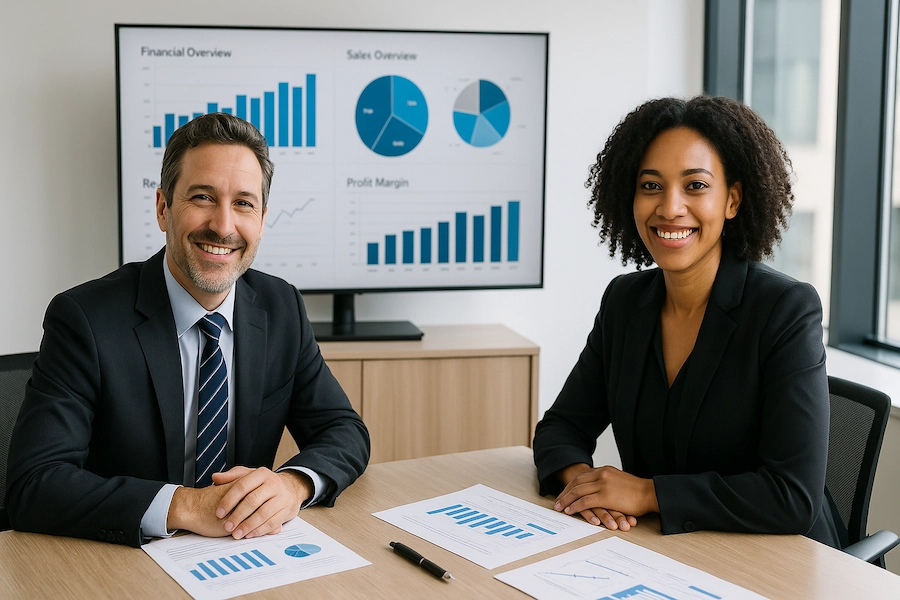 Executivos analisando relatórios organizados em reunião de gestão financeira. Título: Clareza e previsibilidade financeira