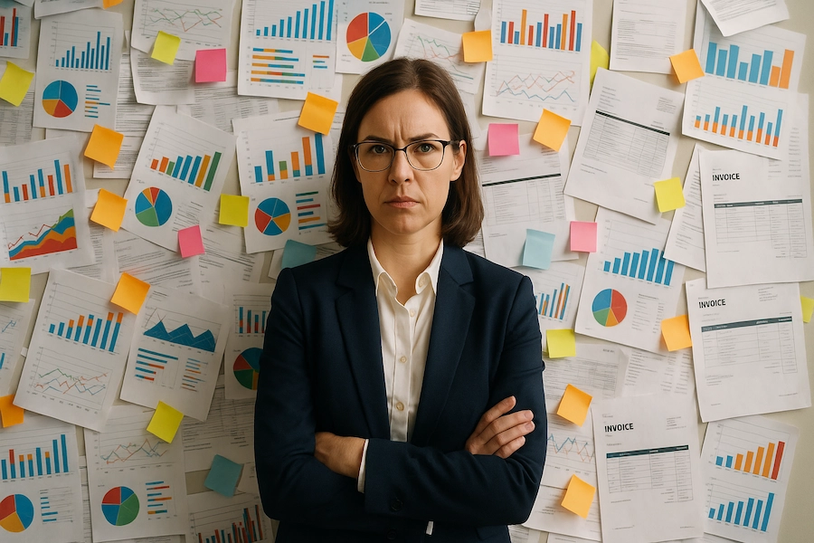 Empresária diante de papéis bagunçados representando desafios financeiros em pequenas empresas.