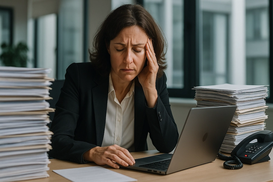 CEO sobrecarregada com pilhas de documentos e rotina financeira desorganizada.