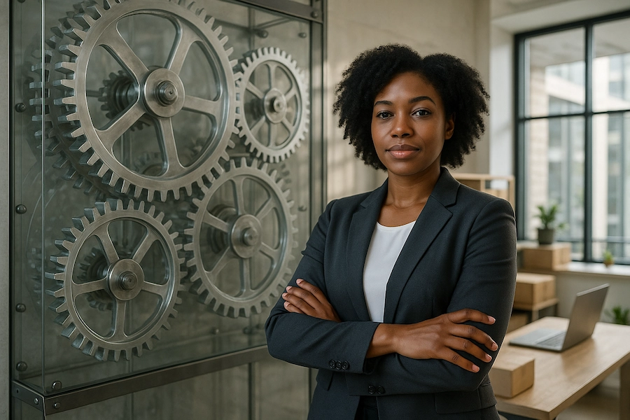Empreendedora negra em escritório moderno ao lado de engrenagens transparentes, representando o funcionamento invisível do BPO financeiro para ecommerce.