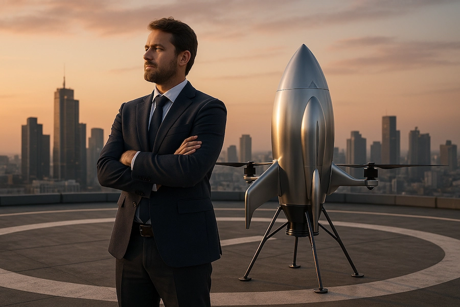 Empreendedor branco em terraço com drone em forma de foguete pronto para decolar, simbolizando a escalabilidade proporcionada pelo BPO financeiro.