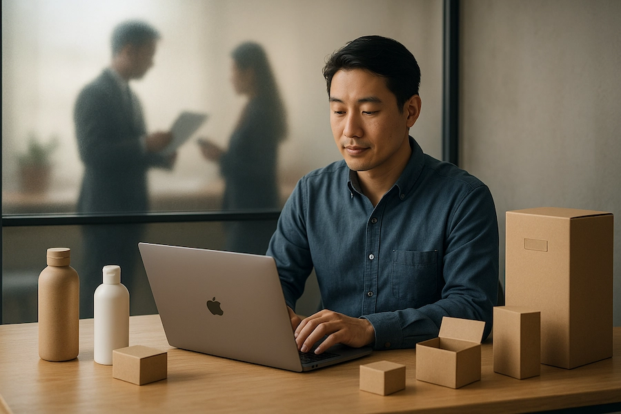 Empreendedor asiático tranquilo em ambiente criativo enquanto equipe lida com finanças ao fundo, simbolizando o foco obtido com o BPO financeiro.