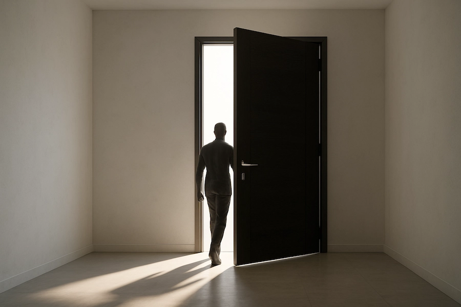 Pessoa prestes a atravessar uma grande porta iluminada, simbolizando a decisão de contratar um BPO Financeiro para ecommerce.