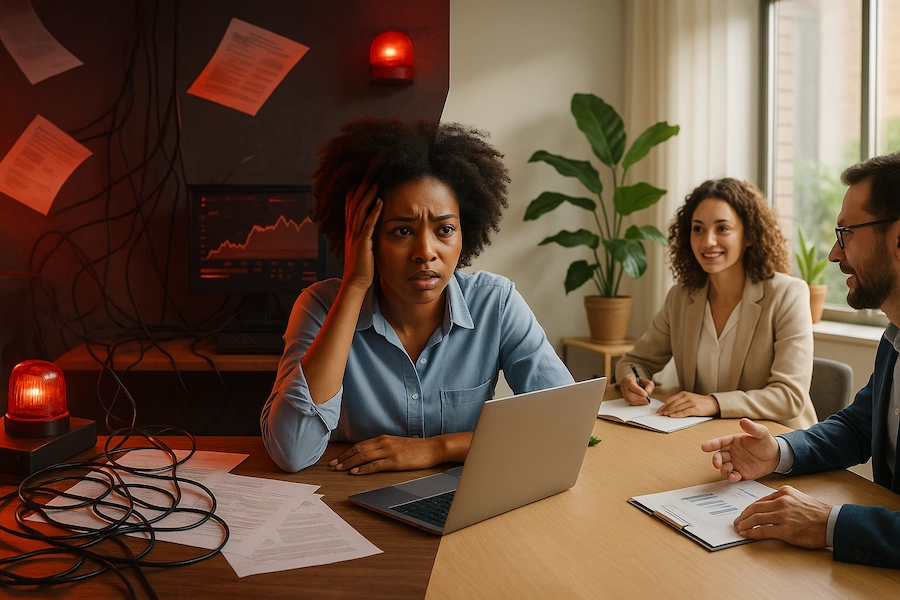 Escritório dividido entre confusão financeira e ambiente organizado com apoio do BPO, com empreendedora negra vivendo a transformação.