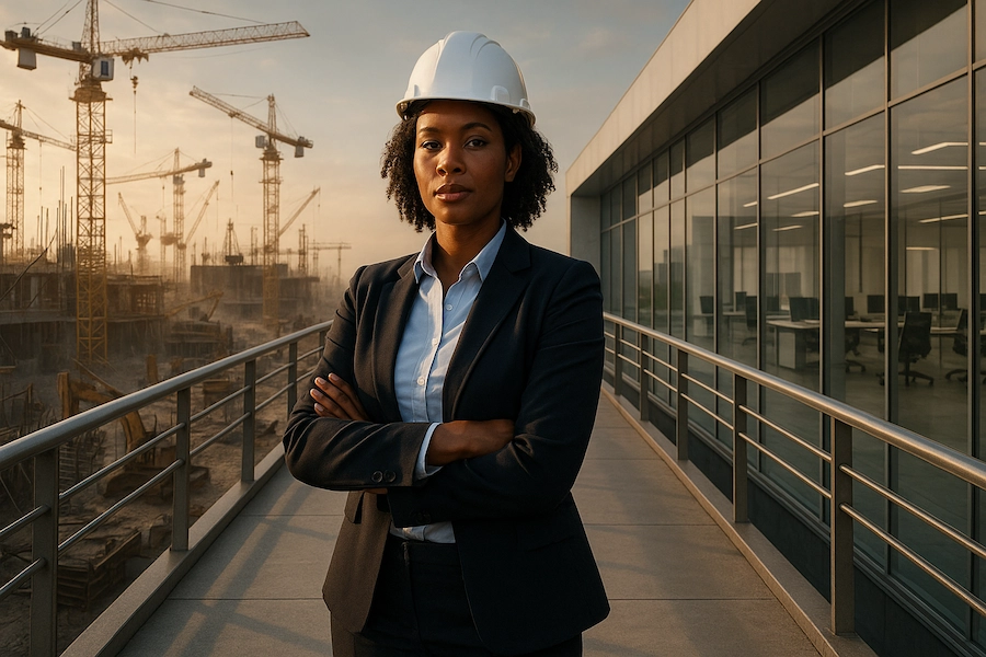 Engenheira negra em ponte simbólica entre um canteiro caótico e um escritório organizado, representando o papel do BPO financeiro para engenharia.