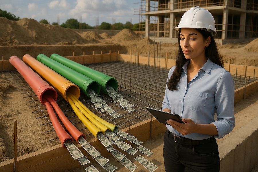 Engenheira observando obra simbólica com encanamentos de fluxo de caixa, representando controle financeiro com BPO.