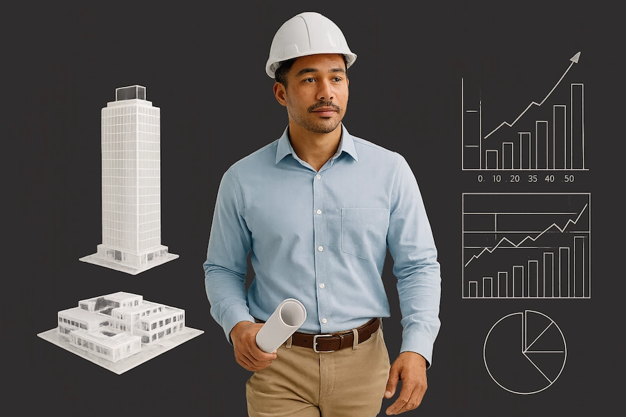 Engenheiro em ambiente fluido e moderno com elementos flutuantes que simbolizam controle e planejamento estratégico com BPO.