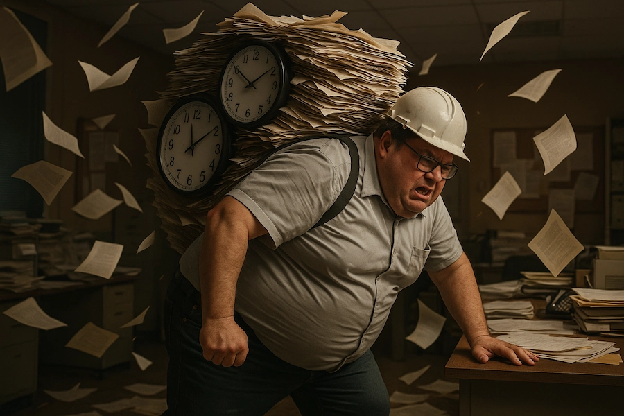 Engenheiro branco sobrecarregado por tarefas financeiras, simbolizando o impacto da gestão manual e desorganizada.