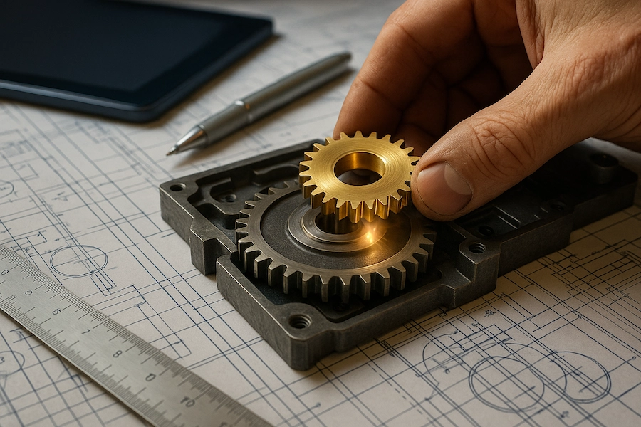 Mão de engenheiro encaixando engrenagem dourada em estrutura feita de projetos e ferramentas, representando o papel do BPO financeiro.