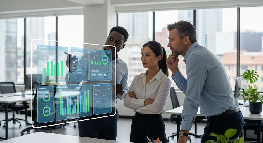 Equipe analisando dashboards digitais de fluxo de caixa previsível com BPO financeiro.