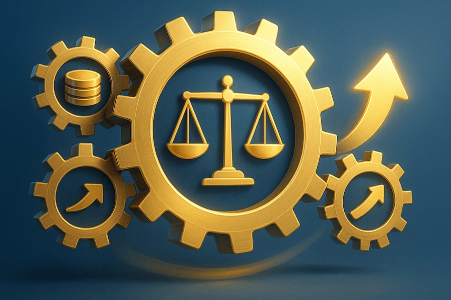 Engrenagens douradas girando em harmonia, simbolizando fluxo de caixa previsível com BPO Financeiro.