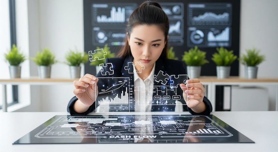 Jovem asiática montando um quebra-cabeça que representa o fluxo de caixa, simbolizando a complexidade da análise financeira.