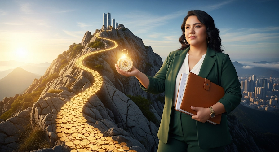Empresária latina em uma montanha com bússola brilhante, representando decisões estratégicas com base no fluxo de caixa.