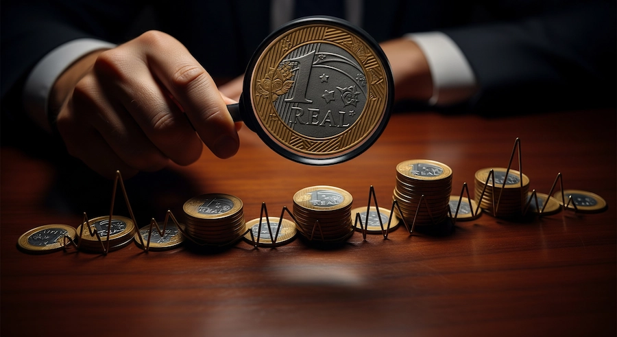 Mão segurando lupa sobre moedas organizadas como linha do tempo financeira, simbolizando a análise do fluxo de caixa.