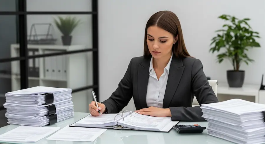 Contadora analisando documentos fiscais e registros contábeis.