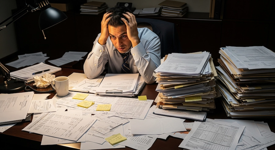 Empresário sobrecarregado com boletos e planilhas desorganizadas.