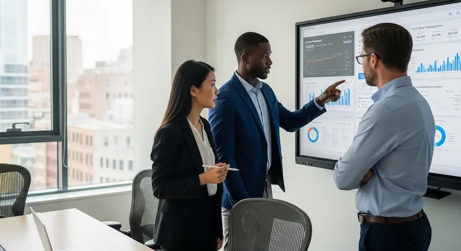 Equipe de BPO Financeiro analisando dashboards de fluxo de caixa.