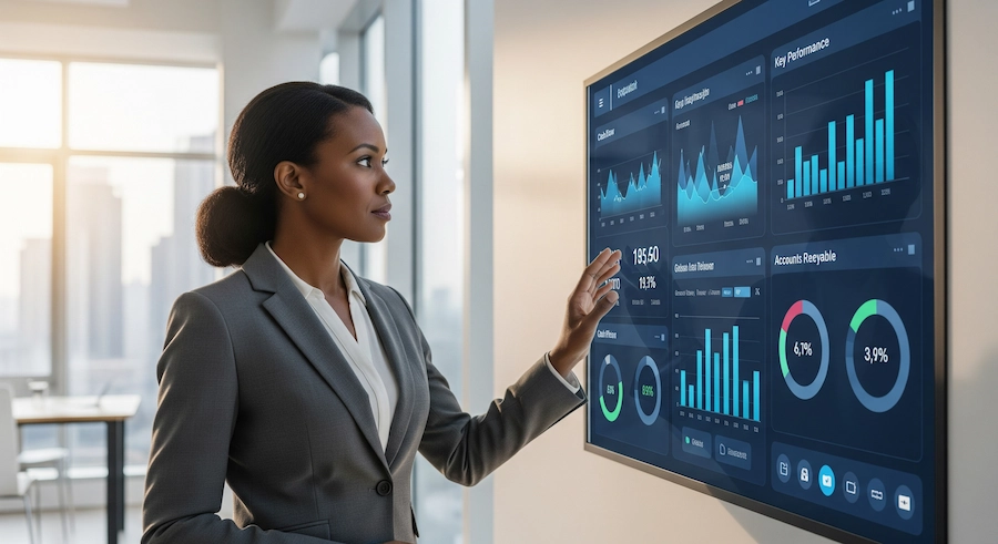 CEO analisando dashboards de contas a pagar e receber.