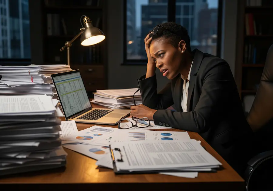 CEO frustrada analisando relatórios em papel.