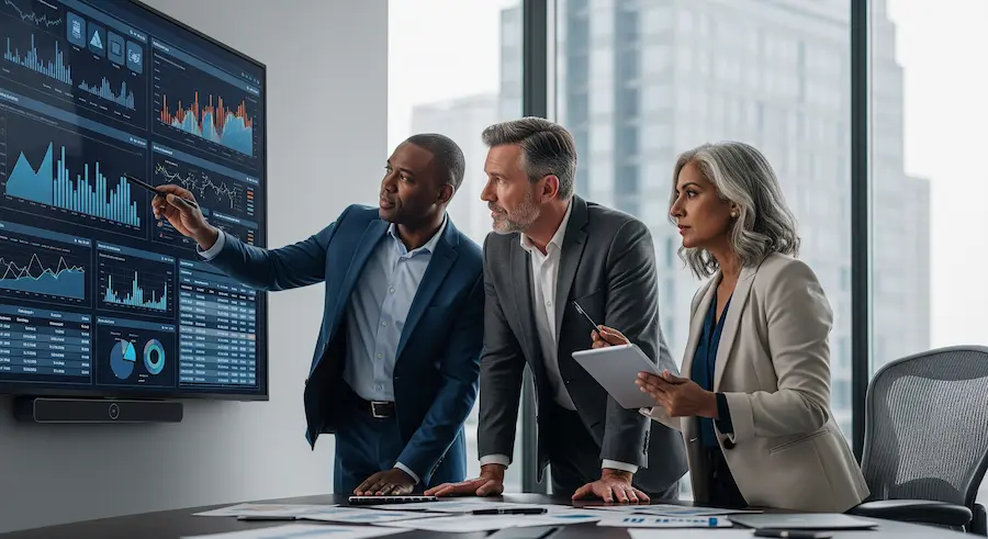 Executivos analisando gráficos financeiros sobre como o BPO financeiro reduz custos.