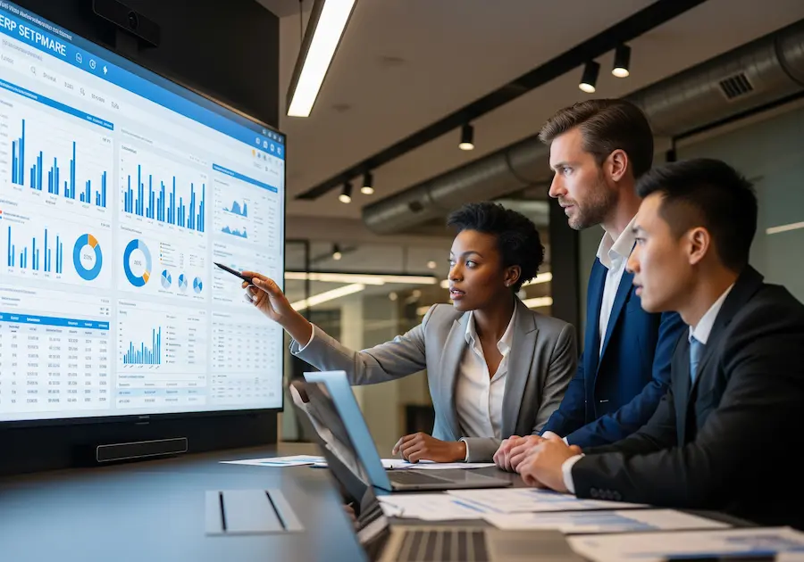 Executivos analisando relatórios e dashboards para comparar os melhores ERPs.