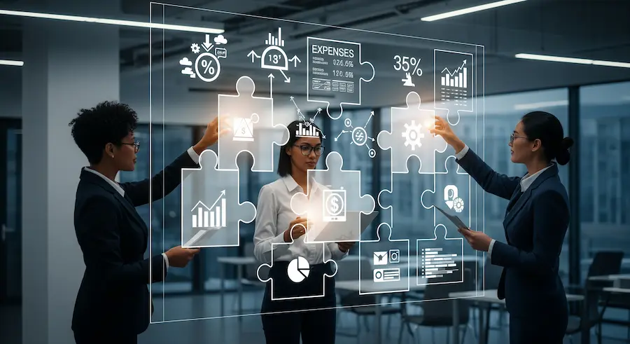 Profissionais organizando peças digitais que simbolizam a estruturação financeira através do BPO.