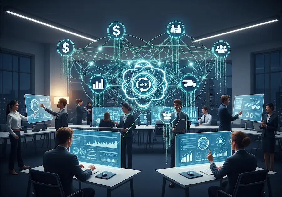 Conexões digitais entre áreas de uma empresa representando integração via ERP.