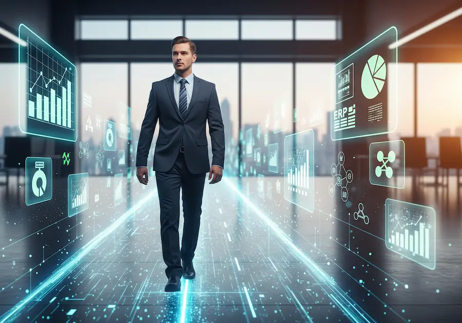 Executivo caminhando em trilha digital com ícones de ERP e dados.