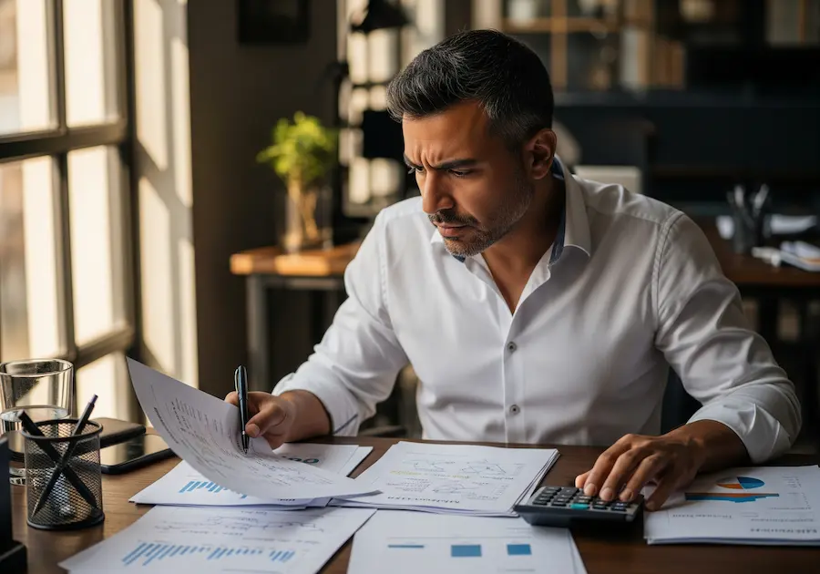 Gestor concentrado analisando relatórios financeiros impressos.