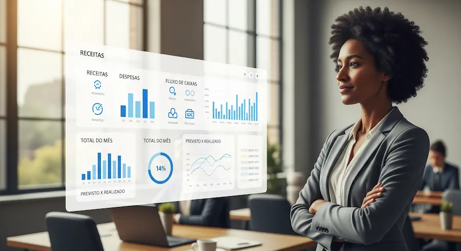 Executivo analisando um painel financeiro digital em português, representando redução de custos com BPO.