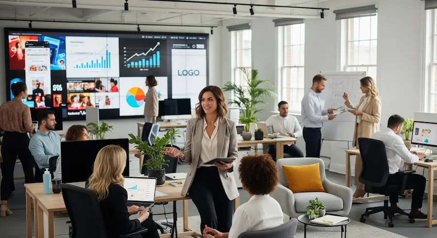 Gestora de agência de publicidade analisando relatórios de BPO Financeiro no notebook