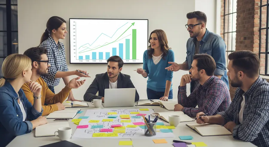 Equipe de agência de publicidade trabalhando enquanto o financeiro terceirizado aparece em tela com relatórios organizados