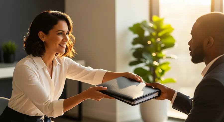 Gestora entregando uma pasta organizada a uma especialista de DP, simbolizando a delegação das rotinas do departamento pessoal.