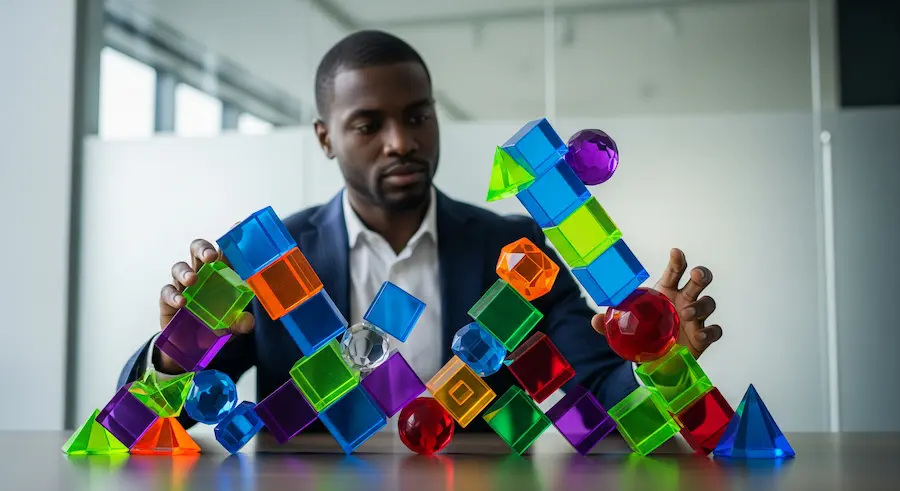 Profissional organizando peças abstratas coloridas que simbolizam as obrigações digitais do departamento pessoal.