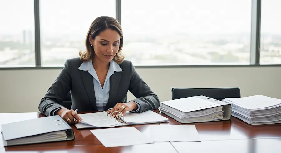 Gestora analisando documentos para escolher o fornecedor de terceirização do departamento pessoal.
