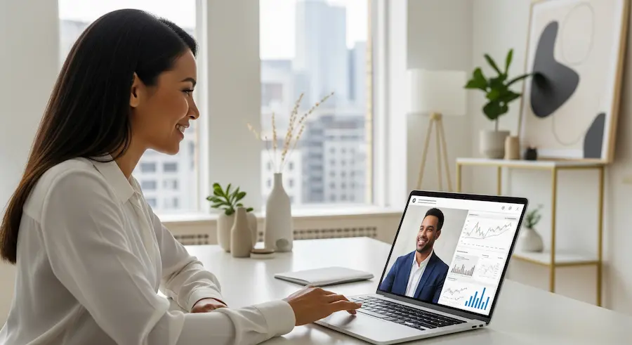 Gestora de agência em reunião online com especialista da Trust BPO sobre BPO Financeiro