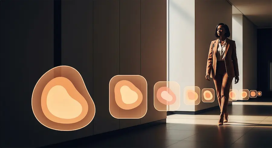 Profissional caminhando por um ambiente corporativo com marcos visuais representando etapas de implementação.