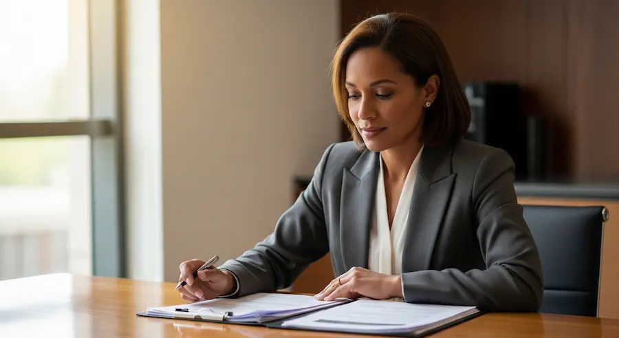 Gestora analisando documentos de DP em um ambiente moderno, simbolizando a terceirização do departamento pessoal.