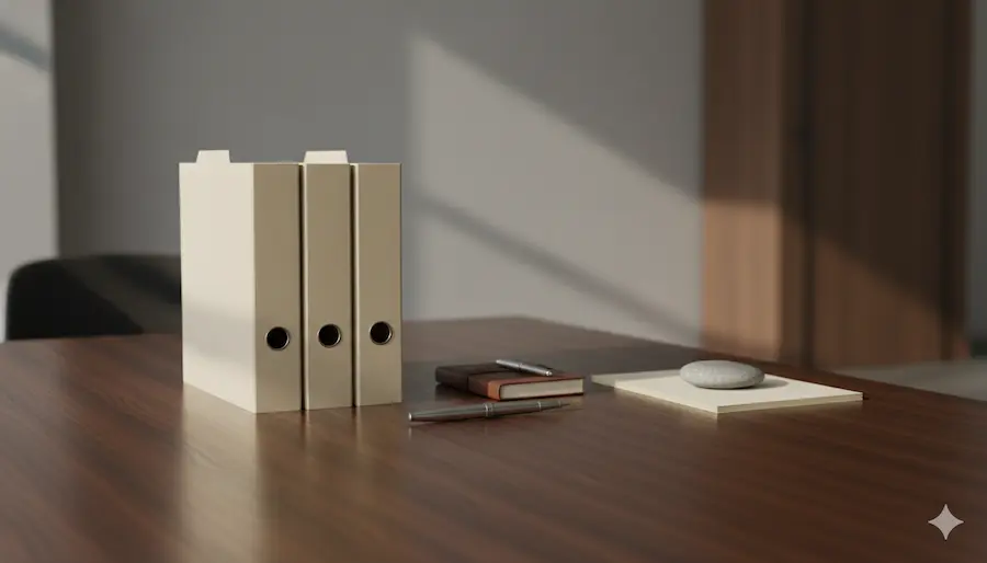 Mesa corporativa organizada com pastas alinhadas simbolizando checklist de departamento pessoal