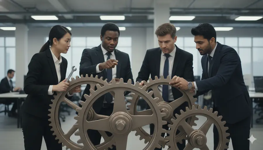 Pessoa tocando engrenagens metálicas alinhadas simbolizando rotinas do departamento pessoal