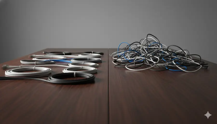 Cabos organizados de um lado e emaranhados do outro simbolizando ausência de checklist de departamento pessoal