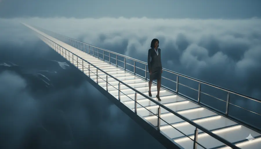 Pessoa atravessando ponte firme e iluminada simbolizando terceirização do departamento pessoal