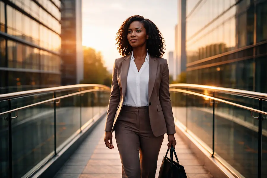 Executiva atravessando ponte moderna simbolizando como migrar departamento pessoal para BPO