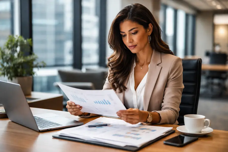 Executiva analisando documentos financeiros sobre a reforma tributária em 2026
