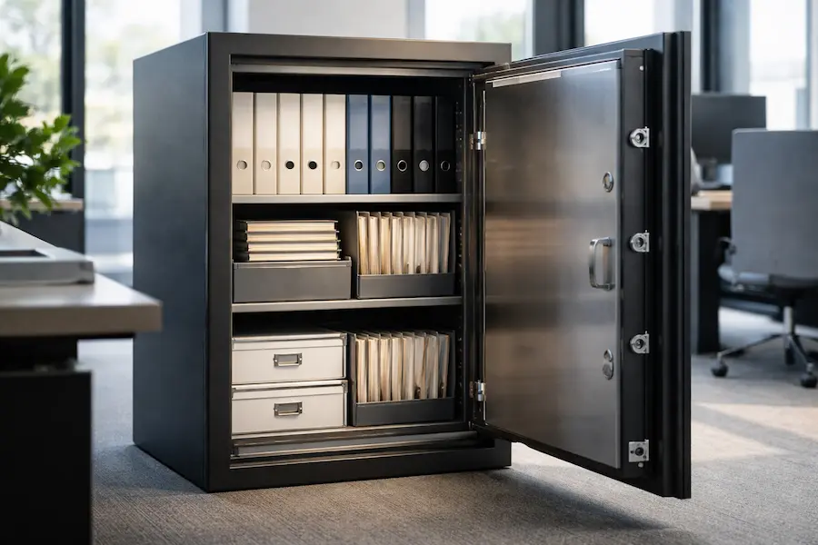 Cofre aberto com arquivos organizados simbolizando migração estruturada do departamento pessoal