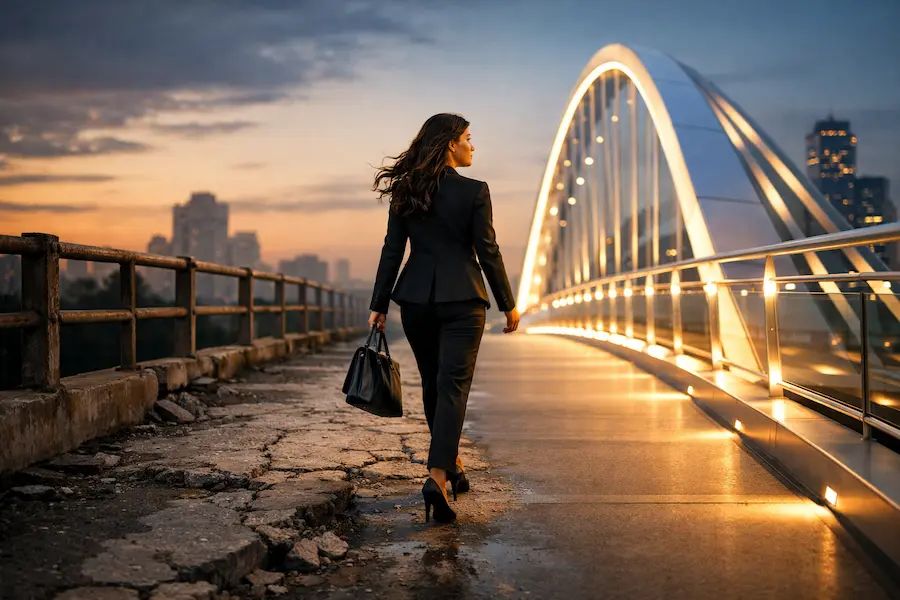 Executiva atravessando ponte que simboliza transição para novo cenário fiscal na expansão empresarial