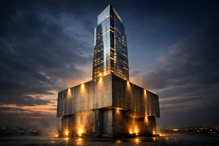 Arranha-céu moderno surgindo de base sólida simbolizando estrutura financeira sustentando expansão empresarial