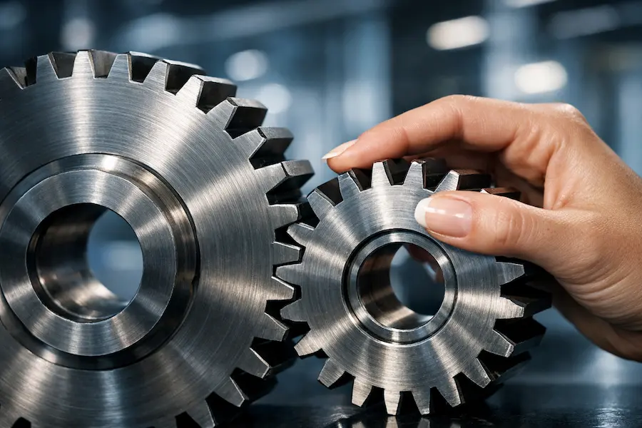 Engrenagens metálicas se encaixando simbolizando integração na migração para BPO