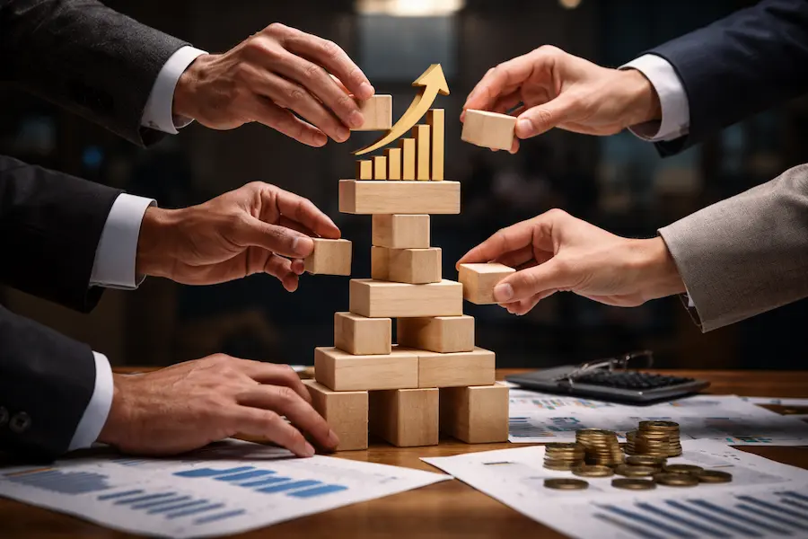 Metáfora visual de mãos construindo uma torre equilibrada com blocos de madeira simbolizando organização financeira