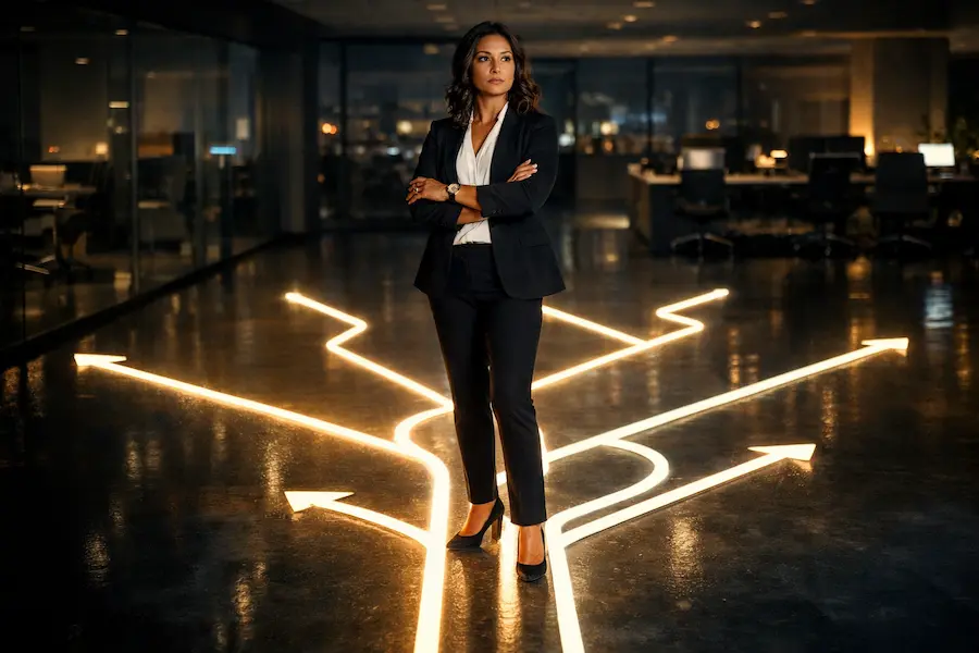 Executiva diante de vários caminhos de luz no chão simbolizando escolhas estratégicas para expansão empresaria